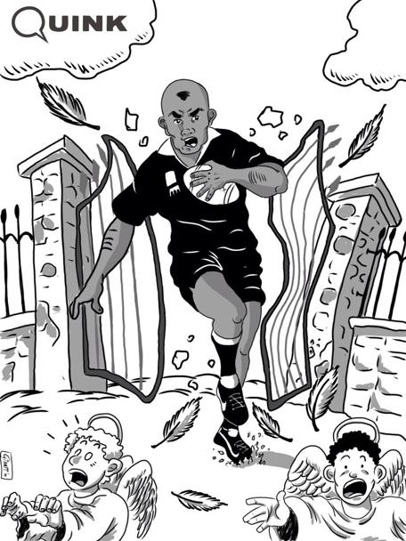 Ed ecco una delle molte vignette che rappresentano l&#39;irruzione di Jonah Lomu in paradiso